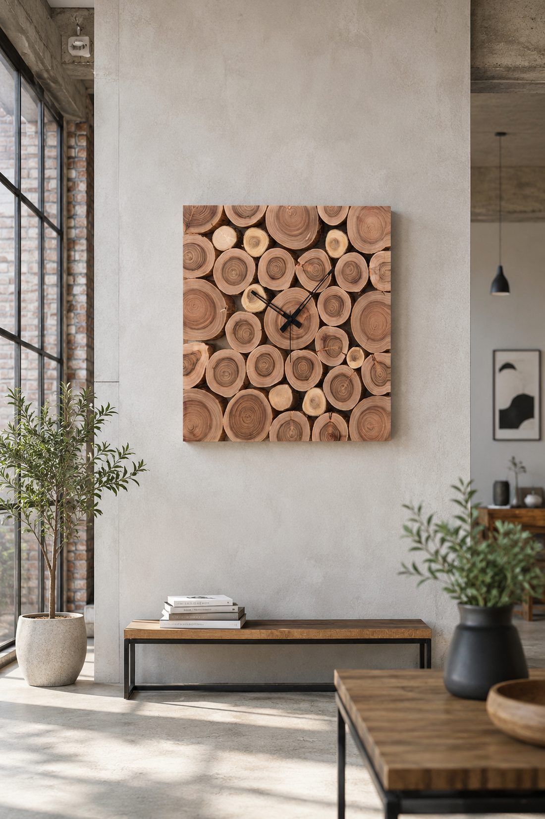 A wall panel assembled from log cross-sections, each showing its growth rings