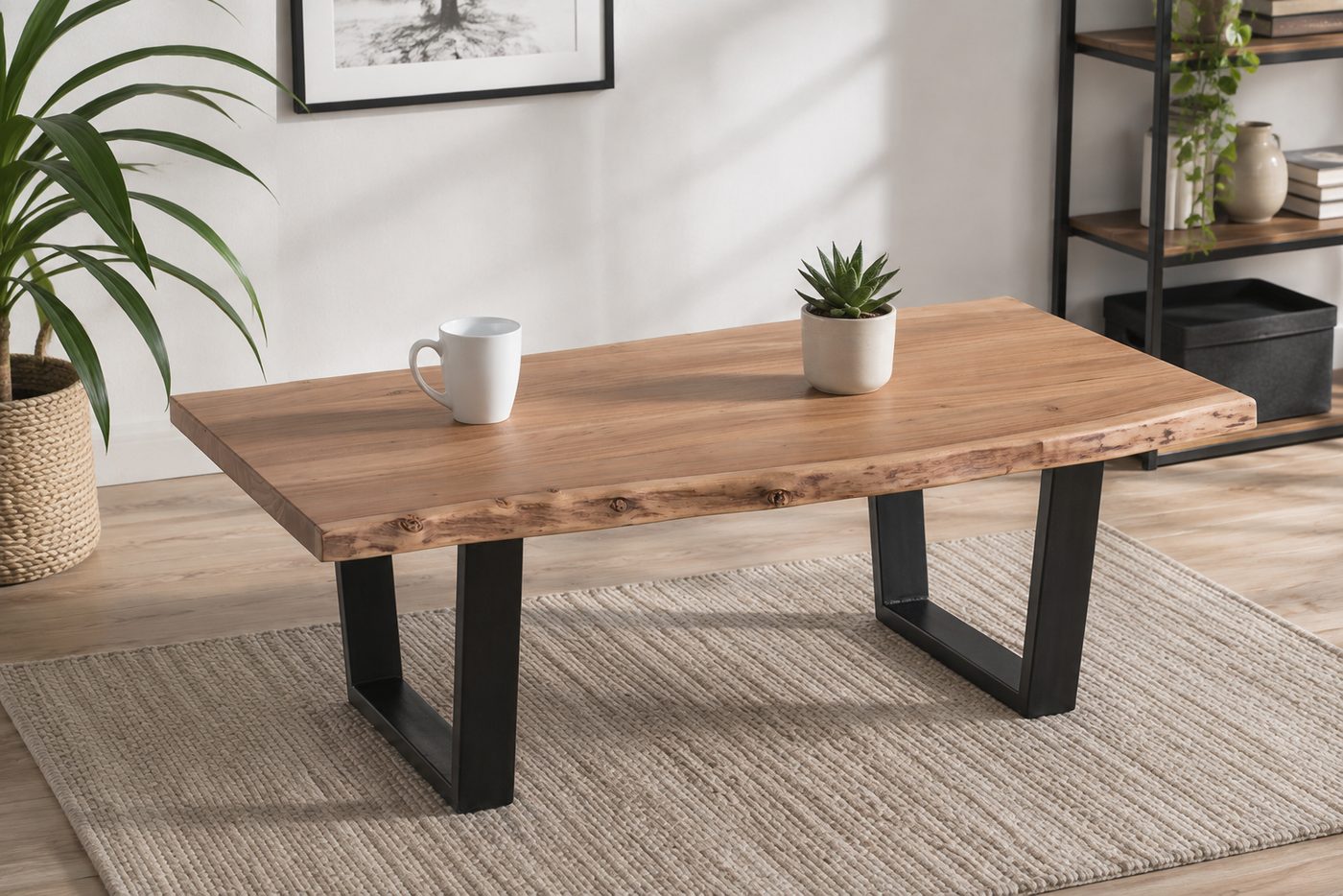 A live-edge table from a Saraf collection, the board&rsquo;s natural edge left intact