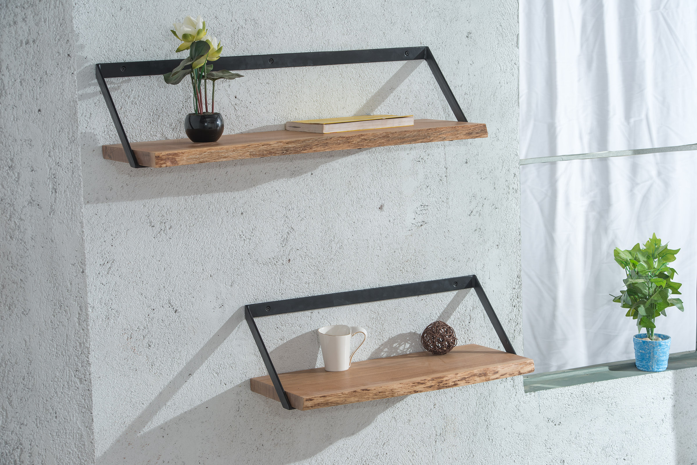 Industrial Trapezoid Bracket Live Edge Shelves